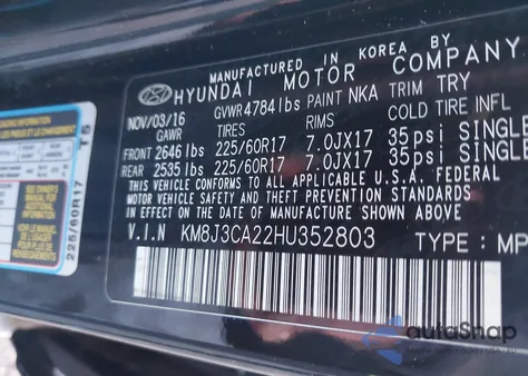 2017 Hyundai Tucson Eco z USA, uszkodzony, nr VIN KM8J3CA22HU352803